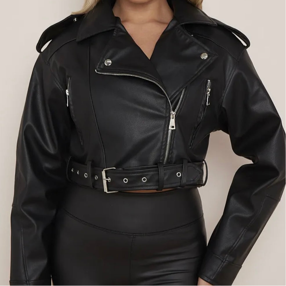 Elena Faux Leather Belted Cropped Biker Jacket