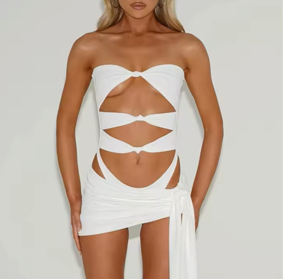 White Swimsuit & Cover up Skirt Set