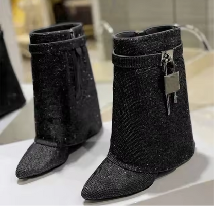 Talia Glitter Diamante Lock Fold Over Boots