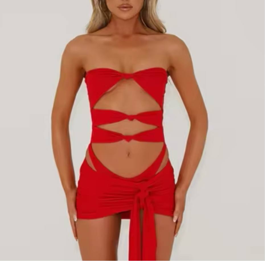 Red Swimsuit & Cover up Skirt Set