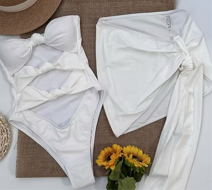 White Swimsuit & Cover up Skirt Set