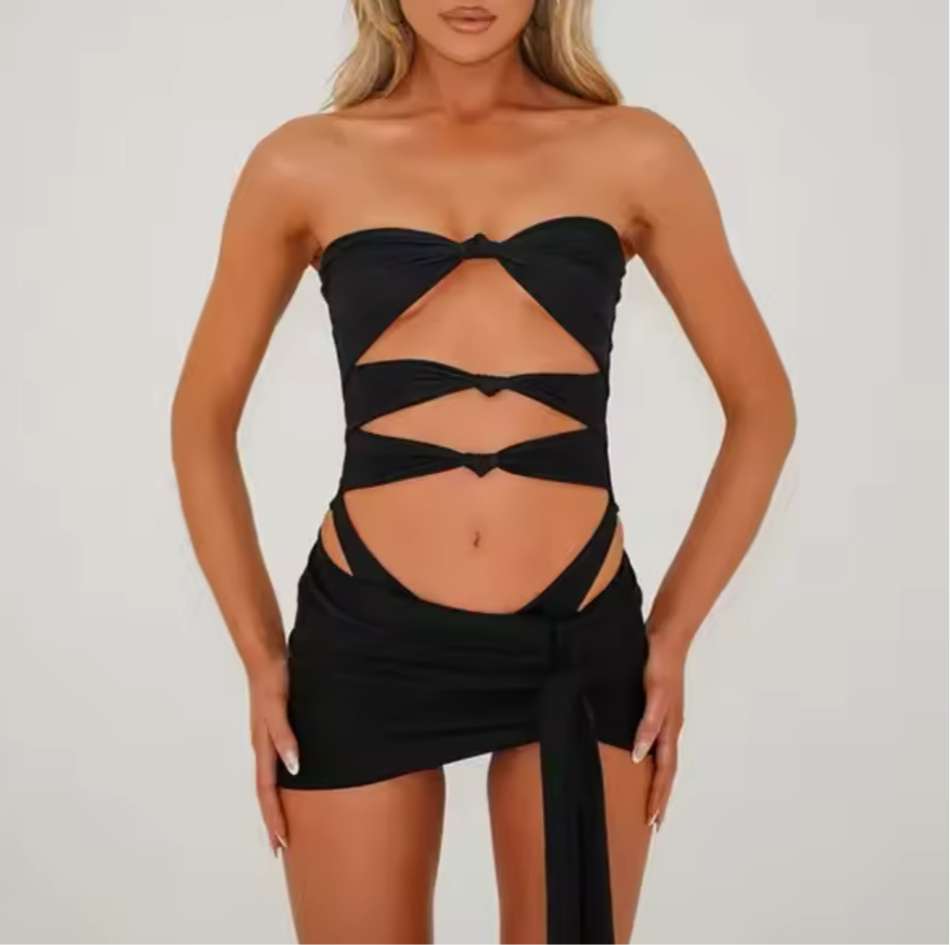 Black Swimsuit & Cover up Skirt Set