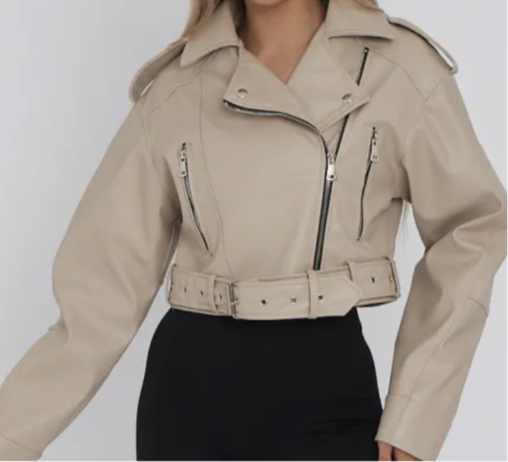 Elena Faux Leather Belted Cropped Biker Jacket