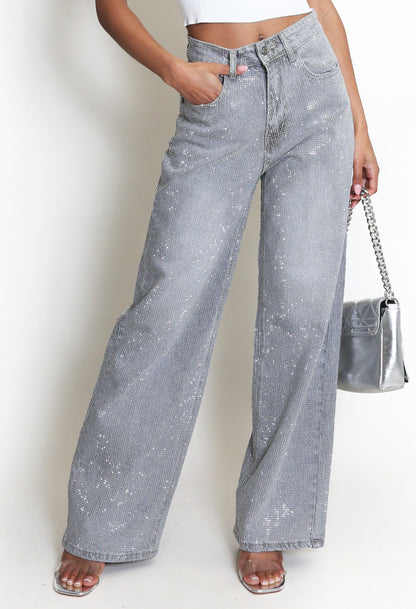 Full Diamante Embellished Wide Fit Jeans