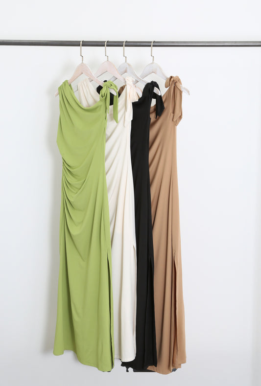 Allanya Gathered Tie Strap Leg Split Maxi Dress