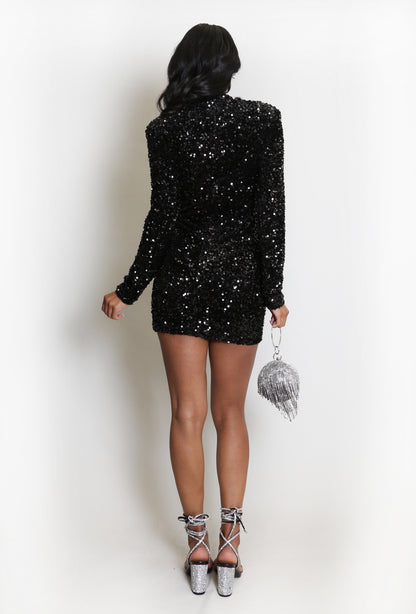 Adriana Black Sequin High Neck Mini Dress