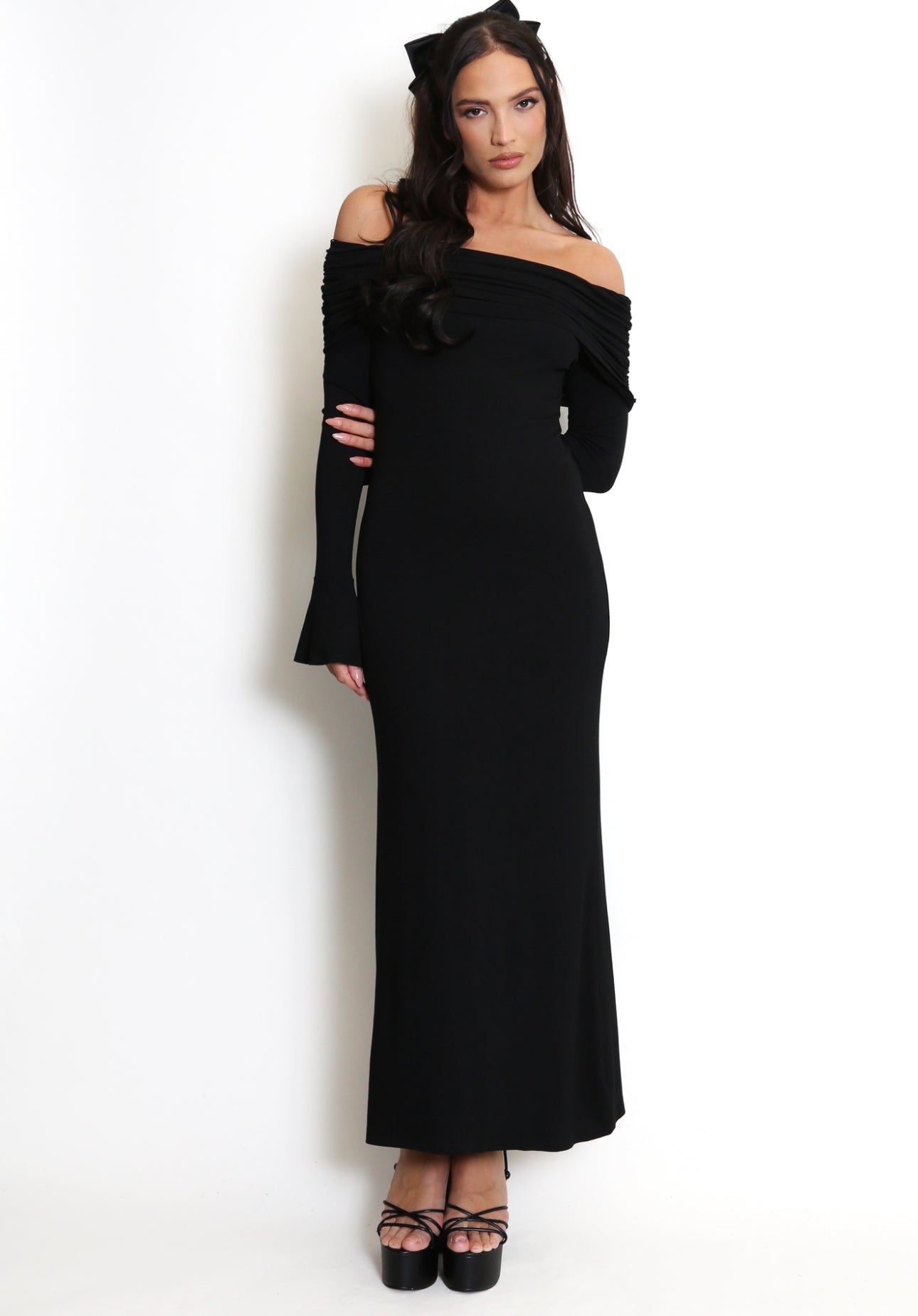 Bardot Maxi Dress With Flute Sleeve