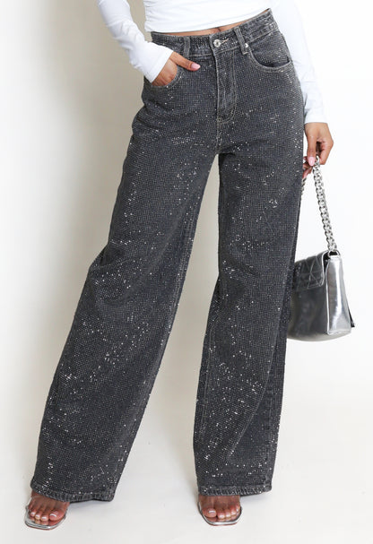 Full Diamante Embellished Wide Fit Jeans