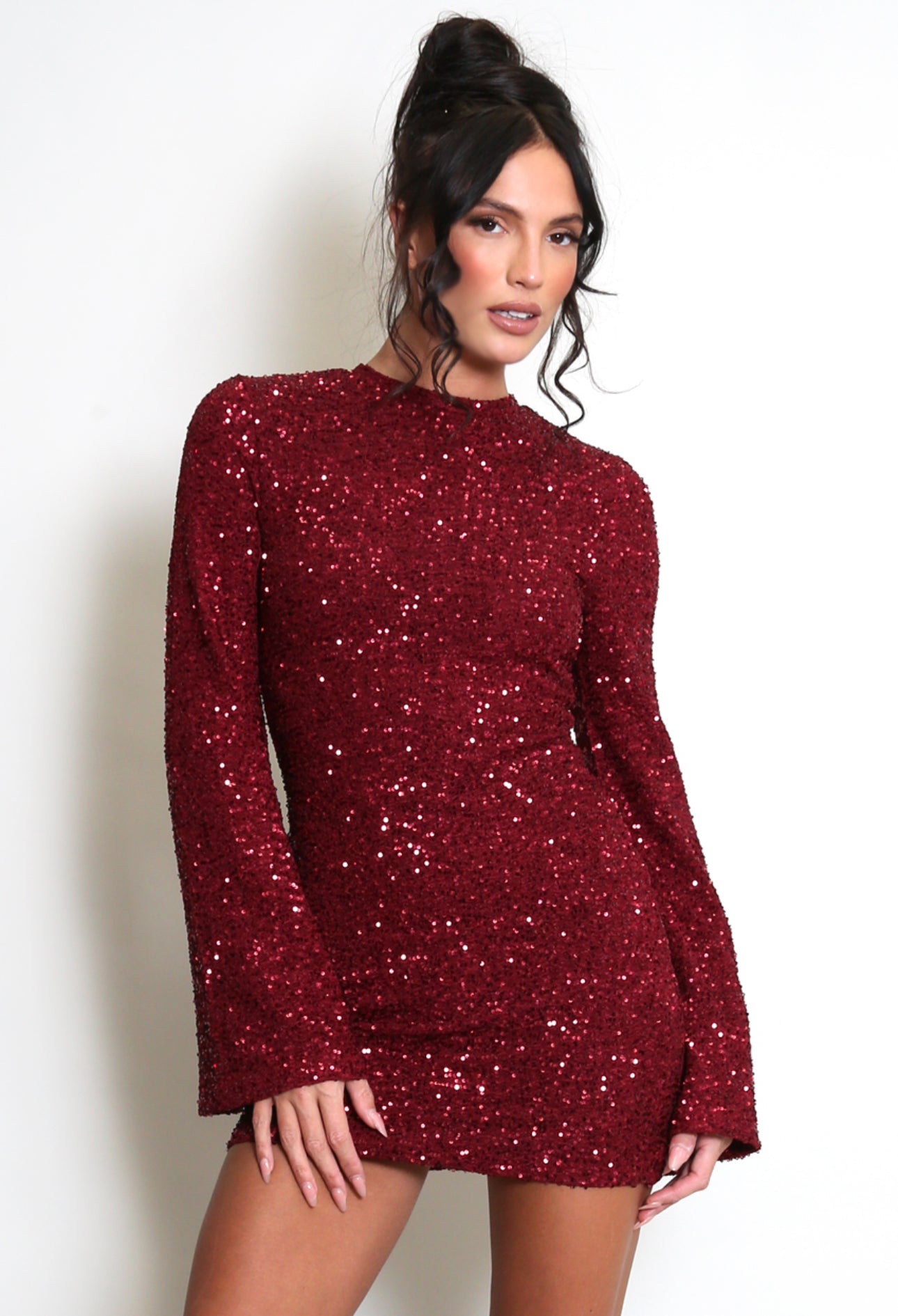 Burgundy Sequin Flute Sleeve Mini Dress