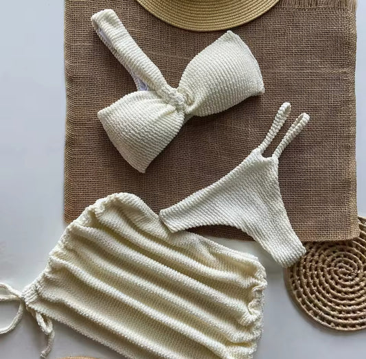 Beige Bikini Swimsuit & Cover up Skirt Set