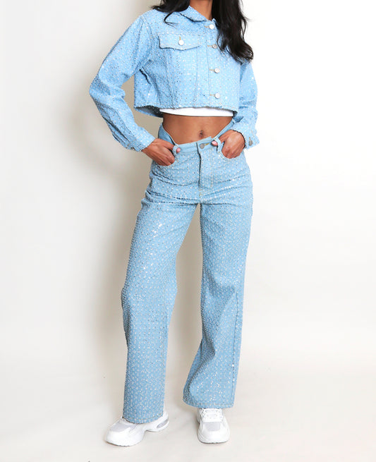 Esme Sequin Cropped Denim Jacket and Jeans Two Piece Set